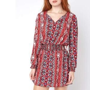Juniper Blu Red Tribal Print Striped Smocked Waist Long Sleeve Dress Sz Small
